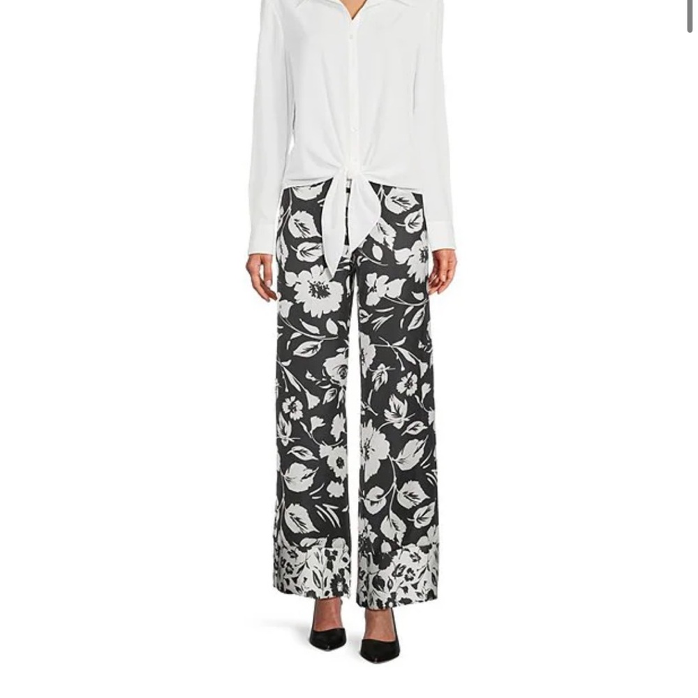 Preston & York Black and White Wide-Leg Floral Pants
